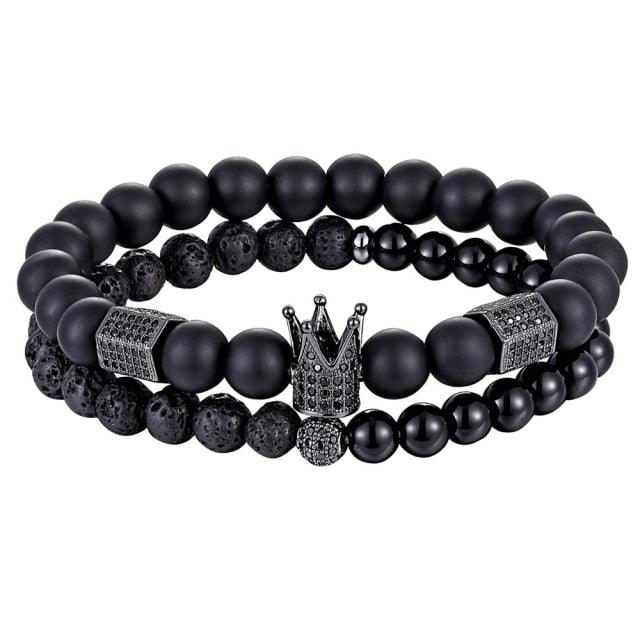 Lava Stone Combination Cubic Zircon Beads Bracelet Natural Red Tiger Eye Black Matte Onyx Stone Crown King Beads Bracelet For Men Women Fashion Charm Zircon Head Elastic Adjustable Bracelet Set Luxury Design