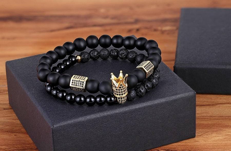 Lava Stone Combination Cubic Zircon Beads Bracelet Natural Red Tiger Eye Black Matte Onyx Stone Crown King Beads Bracelet For Men Women Fashion Charm Zircon Head Elastic Adjustable Bracelet Set Luxury Design