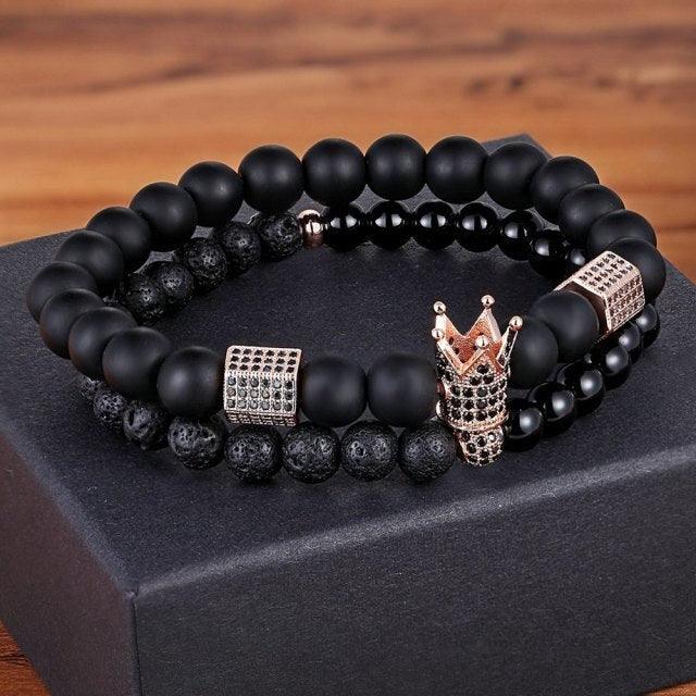 Lava Stone Combination Cubic Zircon Beads Bracelet Natural Red Tiger Eye Black Matte Onyx Stone Crown King Beads Bracelet For Men Women Fashion Charm Zircon Head Elastic Adjustable Bracelet Set Luxury Design