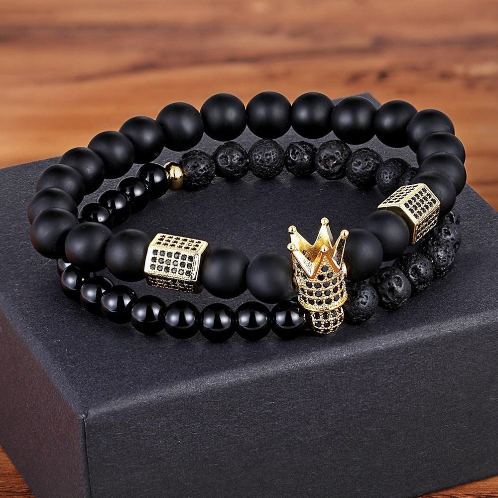 Lava Stone Combination Cubic Zircon Beads Bracelet Natural Red Tiger Eye Black Matte Onyx Stone Crown King Beads Bracelet For Men Women Fashion Charm Zircon Head Elastic Adjustable Bracelet Set Luxury Design