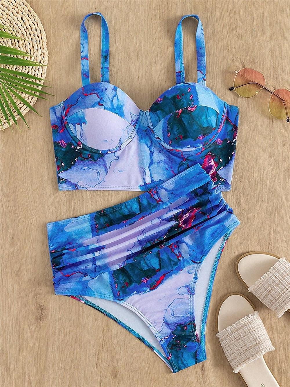 Leaf Floral Bikini Set Women Backless High-Waist Two Pieces Swimwear Beach Bathing Suits Swimsuits Women's Ruffle Bandage Bikini High Waist Bottoms Two Piece Swimsuits