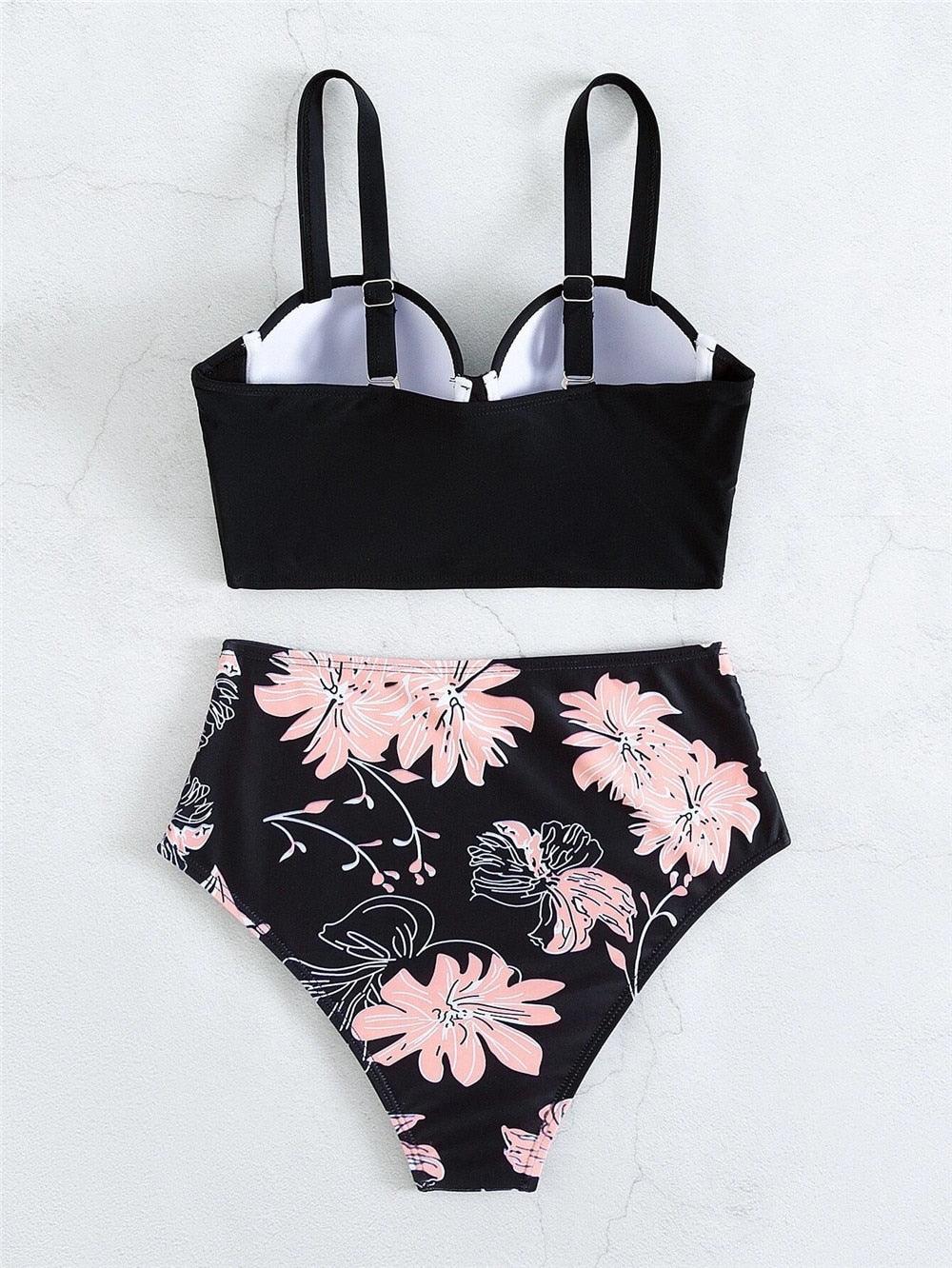 Leaf Floral Bikini Set Women Backless High-Waist Two Pieces Swimwear Beach Bathing Suits Swimsuits Women's Ruffle Bandage Bikini High Waist Bottoms Two Piece Swimsuits