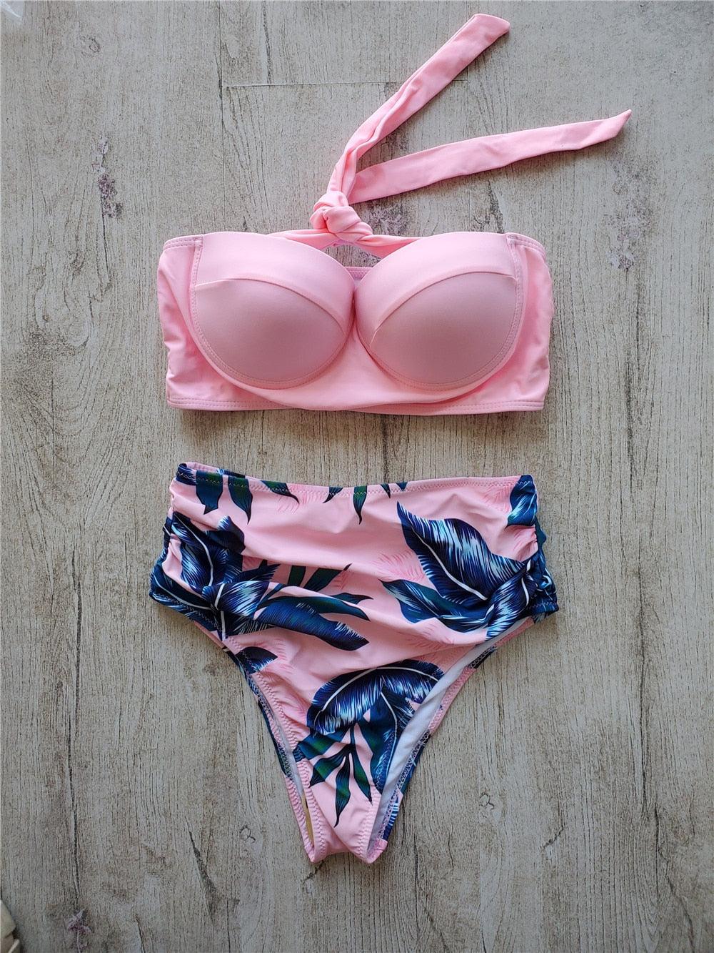 Leaf Floral Bikini Set Women Backless High-Waist Two Pieces Swimwear Beach Bathing Suits Swimsuits Women's Ruffle Bandage Bikini High Waist Bottoms Two Piece Swimsuits