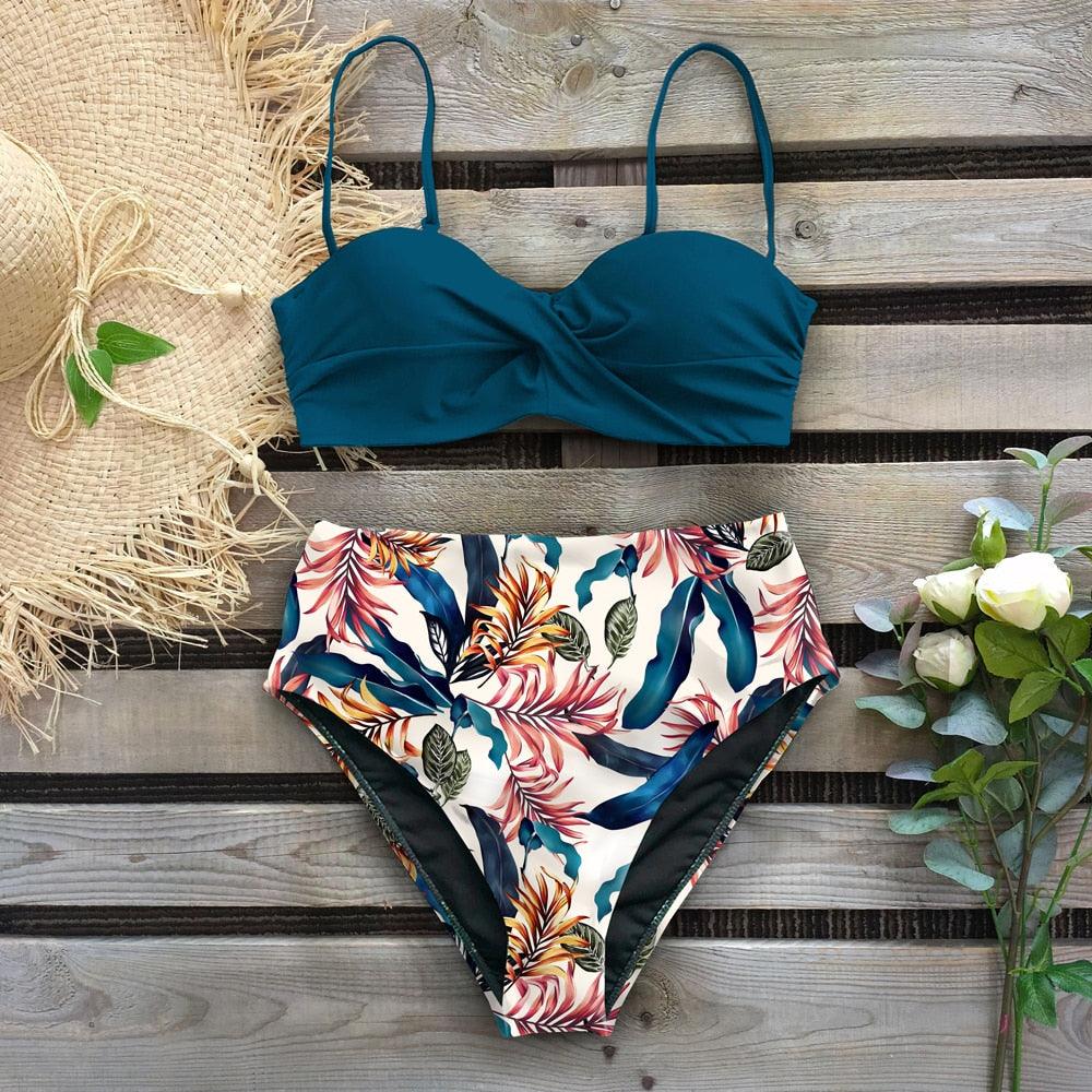 Leaf Print Bikini Female Swimsuit Women's Bathing Suits Triangle Bikini High Waist Bottoms Two Piece Swimsuits Women Swimwear Thong Push Up Bikinis Set High Waist Swimming Suits for Bathing Suit