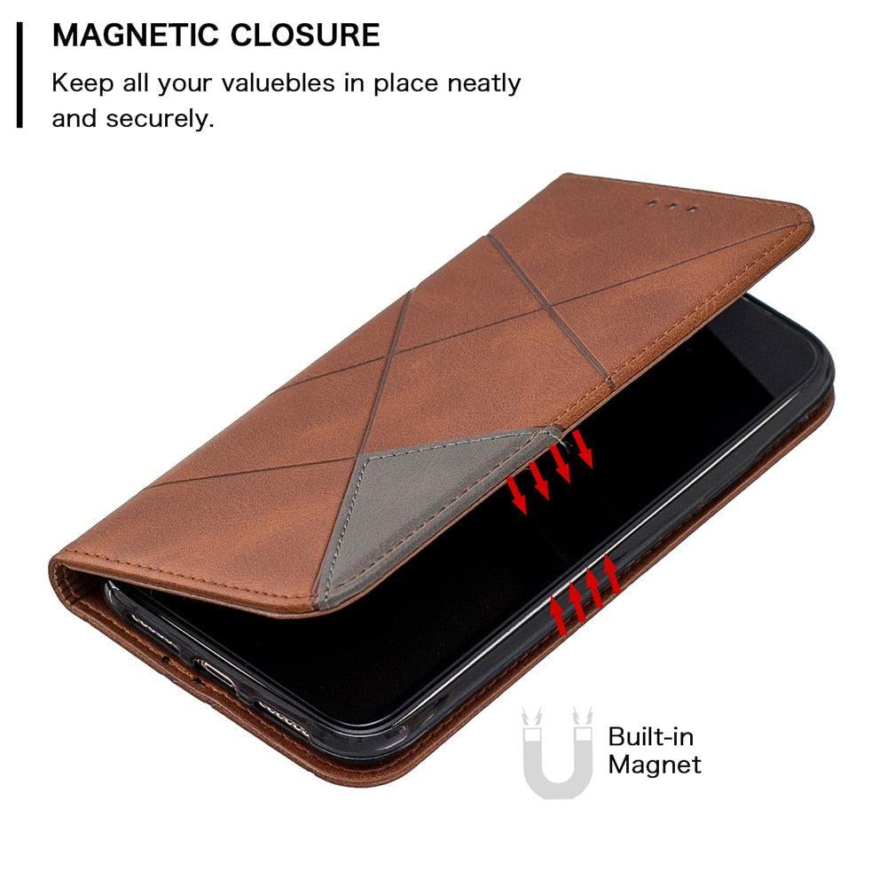 Leather Case For iPhone 11 12 13 14 Pro Max Mini XR XS Max X Flip Case Cover For iPhone SE Brown Leather Flip Case with Invisible Magnet and Card Slot Protective Case