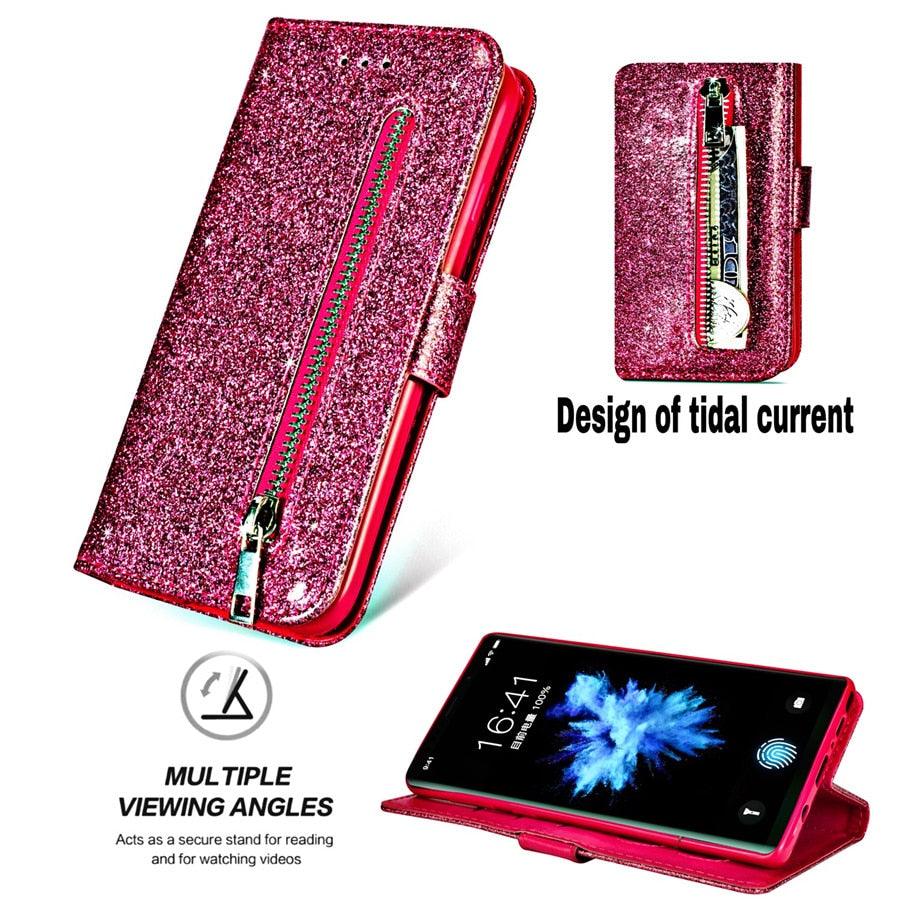 Leather Glitter Case For Redmi Note 11 Pro 11s 10 Pro 9 Pro 8 Pro 7 Pro 10 10C 9T 9C 9A 9 8 8A 7 7A X3 X4 Flip Stand Wallet Case Luxury Glitter PU Leather Flip Folio Case Cover with Wrist Strap for Redmi Note