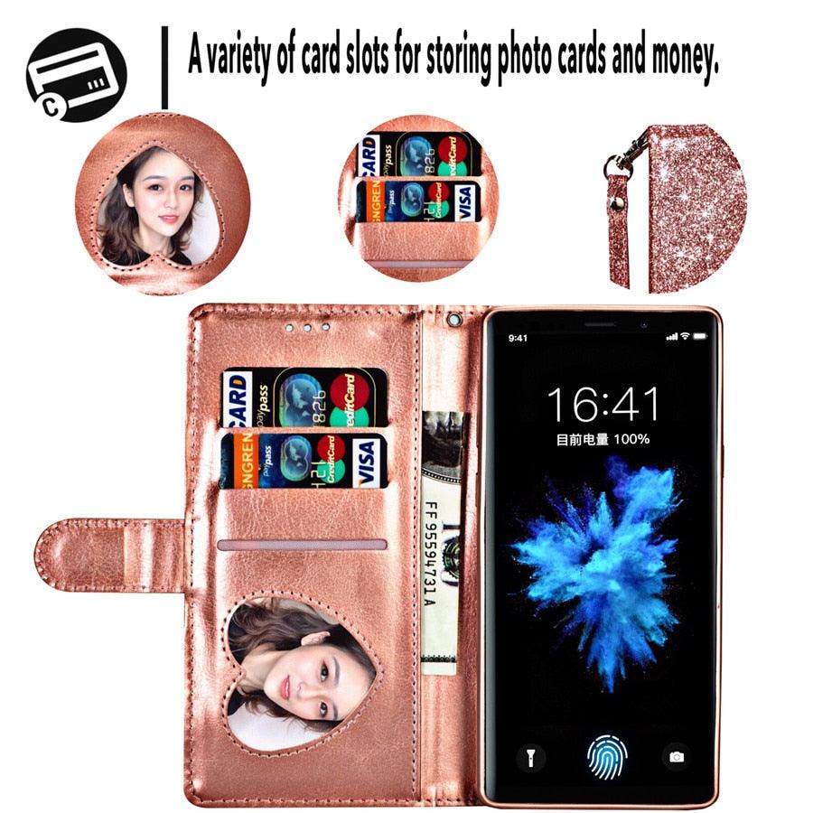 Leather Glitter Case For Redmi Note 11 Pro 11s 10 Pro 9 Pro 8 Pro 7 Pro 10 10C 9T 9C 9A 9 8 8A 7 7A X3 X4 Flip Stand Wallet Case Luxury Glitter PU Leather Flip Folio Case Cover with Wrist Strap for Redmi Note