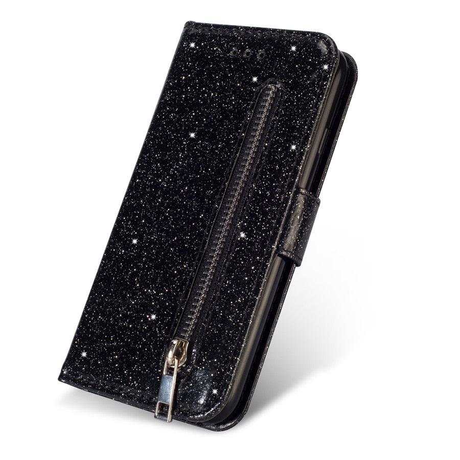 Leather Glitter Case For Redmi Note 11 Pro 11s 10 Pro 9 Pro 8 Pro 7 Pro 10 10C 9T 9C 9A 9 8 8A 7 7A X3 X4 Flip Stand Wallet Case Luxury Glitter PU Leather Flip Folio Case Cover with Wrist Strap for Redmi Note