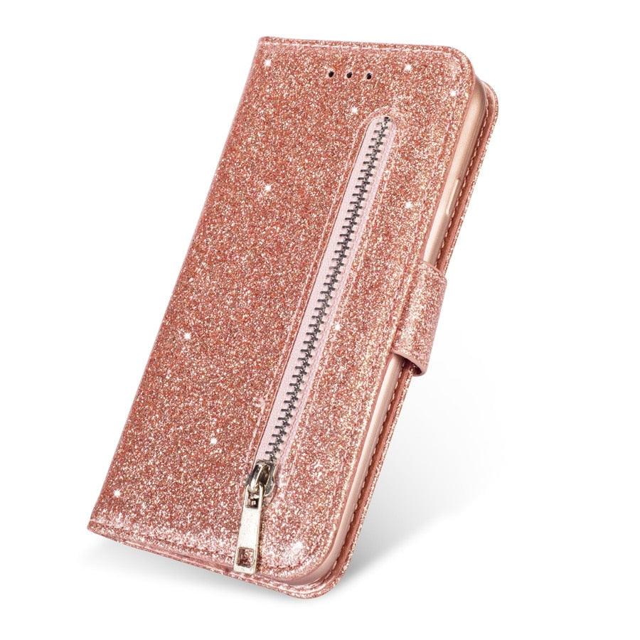 Leather Glitter Case For Redmi Note 11 Pro 11s 10 Pro 9 Pro 8 Pro 7 Pro 10 10C 9T 9C 9A 9 8 8A 7 7A X3 X4 Flip Stand Wallet Case Luxury Glitter PU Leather Flip Folio Case Cover with Wrist Strap for Redmi Note