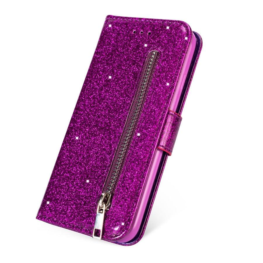 Leather Glitter Case For Redmi Note 11 Pro 11s 10 Pro 9 Pro 8 Pro 7 Pro 10 10C 9T 9C 9A 9 8 8A 7 7A X3 X4 Flip Stand Wallet Case Luxury Glitter PU Leather Flip Folio Case Cover with Wrist Strap for Redmi Note