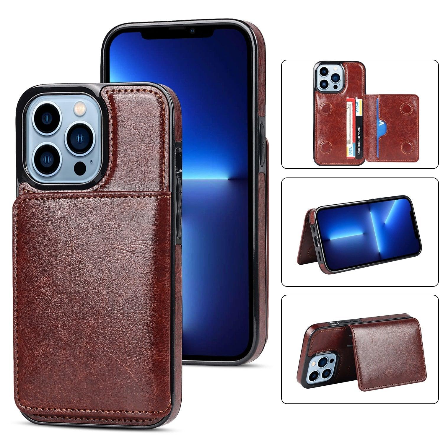 Leather Phone Cover For iPhone 13 Pro Max 12 Mini 11 XS Max XR X Luxury Brown Card Holder Protection Case Luxury Back Cover Wallet Case For Cards 3 Compartments Card Holder for Women