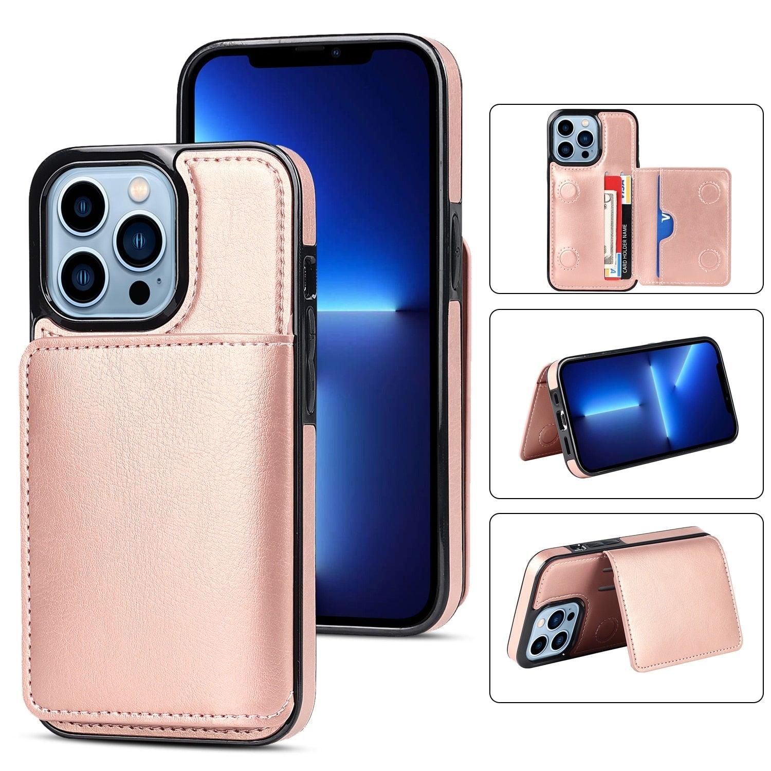 Leather Phone Cover For iPhone 13 Pro Max 12 Mini 11 XS Max XR X Luxury Brown Card Holder Protection Case Luxury Back Cover Wallet Case For Cards 3 Compartments Card Holder for Women