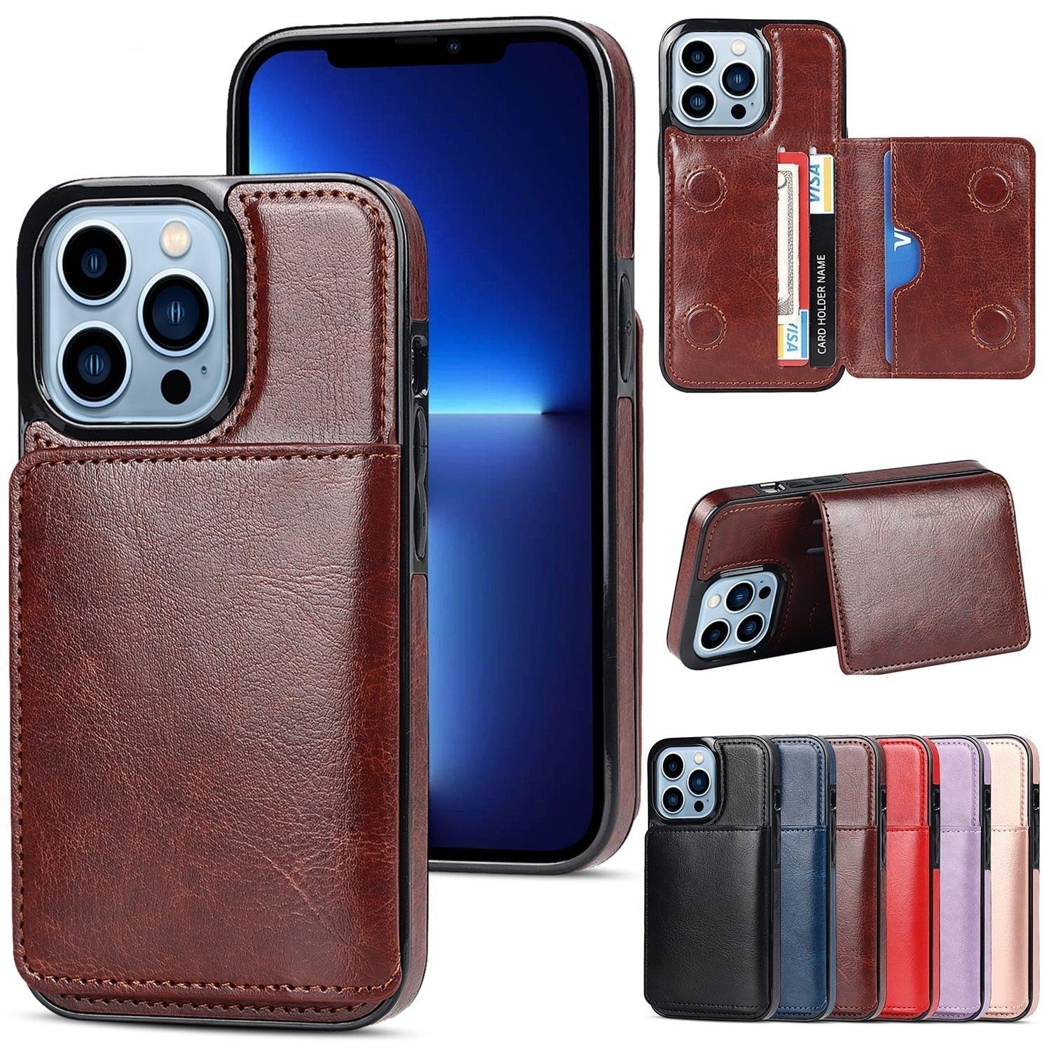 Leather Phone Cover For iPhone 13 Pro Max 12 Mini 11 XS Max XR X Luxury Brown Card Holder Protection Case Luxury Back Cover Wallet Case For Cards 3 Compartments Card Holder for Women