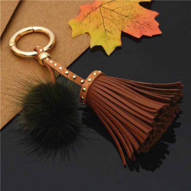 Leather Tassels With Mink Fur Ball Key Chain With One Tassels For Car Keychain Keychain Tassels Leather Tassel Bag Key Ring Jewelry Car Circle Key Rings Gift Bag Hanging Buckle