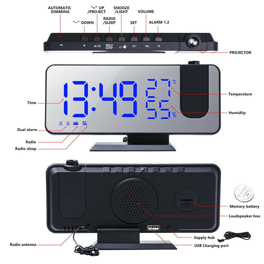 LED Digital Alarm Clock Projection Clock Radios Loud Ceiling Alarm Clock for Heavy Sleepers Snooze Dual Clock Bedside Dimmer with USB Charger Digital LED Clock FM Radio Table Electronic Desktop Clocks USB Wake Up FM Radio Time Projector Snooze Function