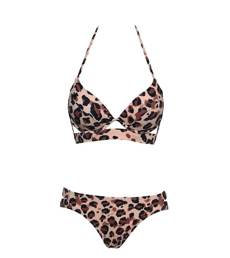 Leopard Bikinis Women Summer Swimsuit Strapless Bandage Bathing Suits Women's Halter Triangle Bikini Bottom Soft Two Piece Swimsuits Low Waist Push Up Bikini Set Swimwear