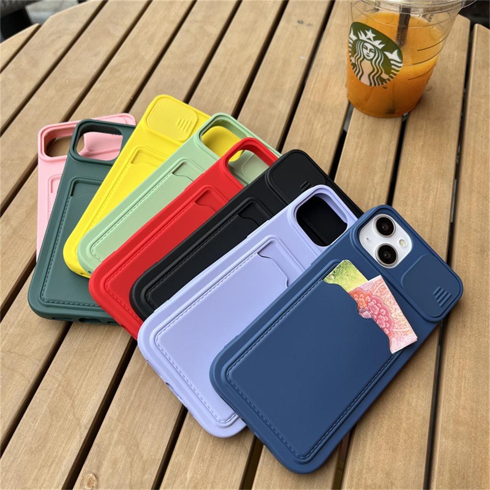 Lightweight Slide Camera Protection Card Holder Wallet Phone Case For iPhone 13 14 Pro Max 12 11 Soft Silicone Cover Soft Skin Silicone Cover Yellow Card Holder Sliding Camera Protection Cover For iPhone