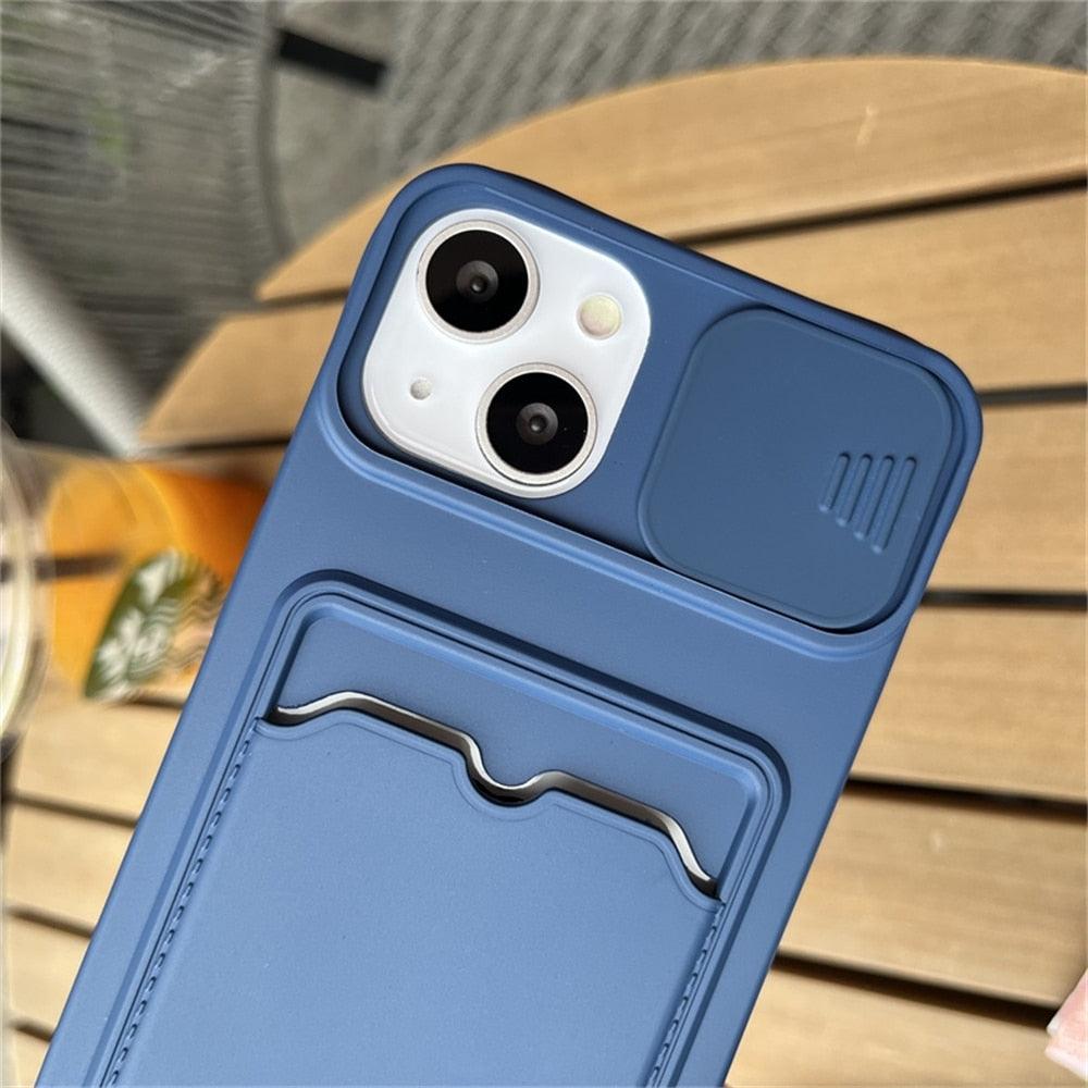 Lightweight Slide Camera Protection Card Holder Wallet Phone Case For iPhone 13 14 Pro Max 12 11 Soft Silicone Cover Soft Skin Silicone Cover Yellow Card Holder Sliding Camera Protection Cover For iPhone