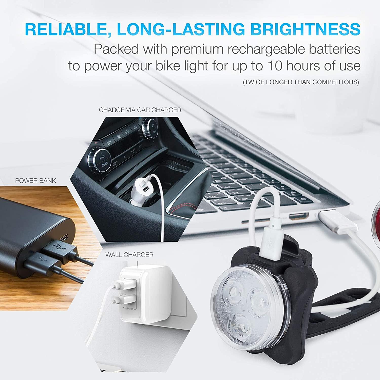 Lightweight USB Rechargeable Bike Light Set Super Bright Front Headlight And Rear LED Bicycle Light 4 Light Mode Options USB Rechargeable Bike Light Set LED Bicycle Front Headlight And Rear Taillight Lithium Battery 650mAh