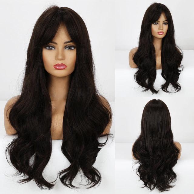 Long Dark Brown Synthetic Wigs for Women Silky Wavy Wig With Air Bangs Heat Resistant Fiber Cosplay Daily Party Replacement Wig Wigs For Black Women Cosplay Wigs For Women