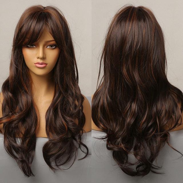 Long Dark Brown Synthetic Wigs for Women Silky Wavy Wig With Air Bangs Heat Resistant Fiber Cosplay Daily Party Replacement Wig Wigs For Black Women Cosplay Wigs For Women