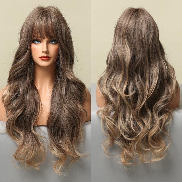 Long Dark Brown Synthetic Wigs for Women Silky Wavy Wig With Air Bangs Heat Resistant Fiber Cosplay Daily Party Replacement Wig Wigs For Black Women Cosplay Wigs For Women