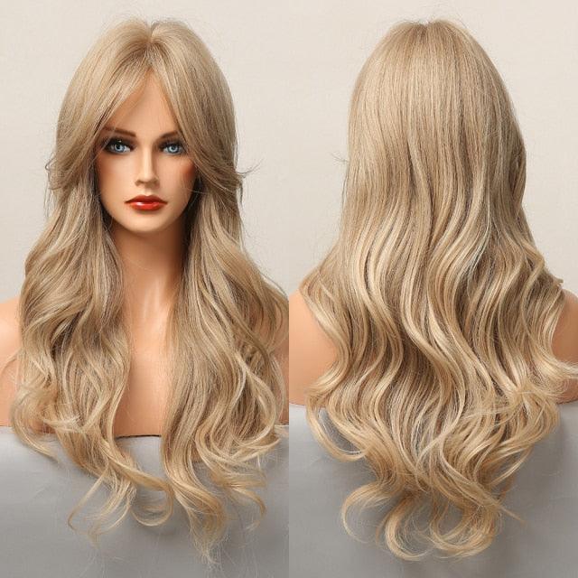 Long Honey Brown Synthetic Wigs with Side Bangs Natural Wave Wigs for Afro American Women Heat Resistant Cosplay Party Daily Use Wigs For Black Women Cosplay Wigs For Women