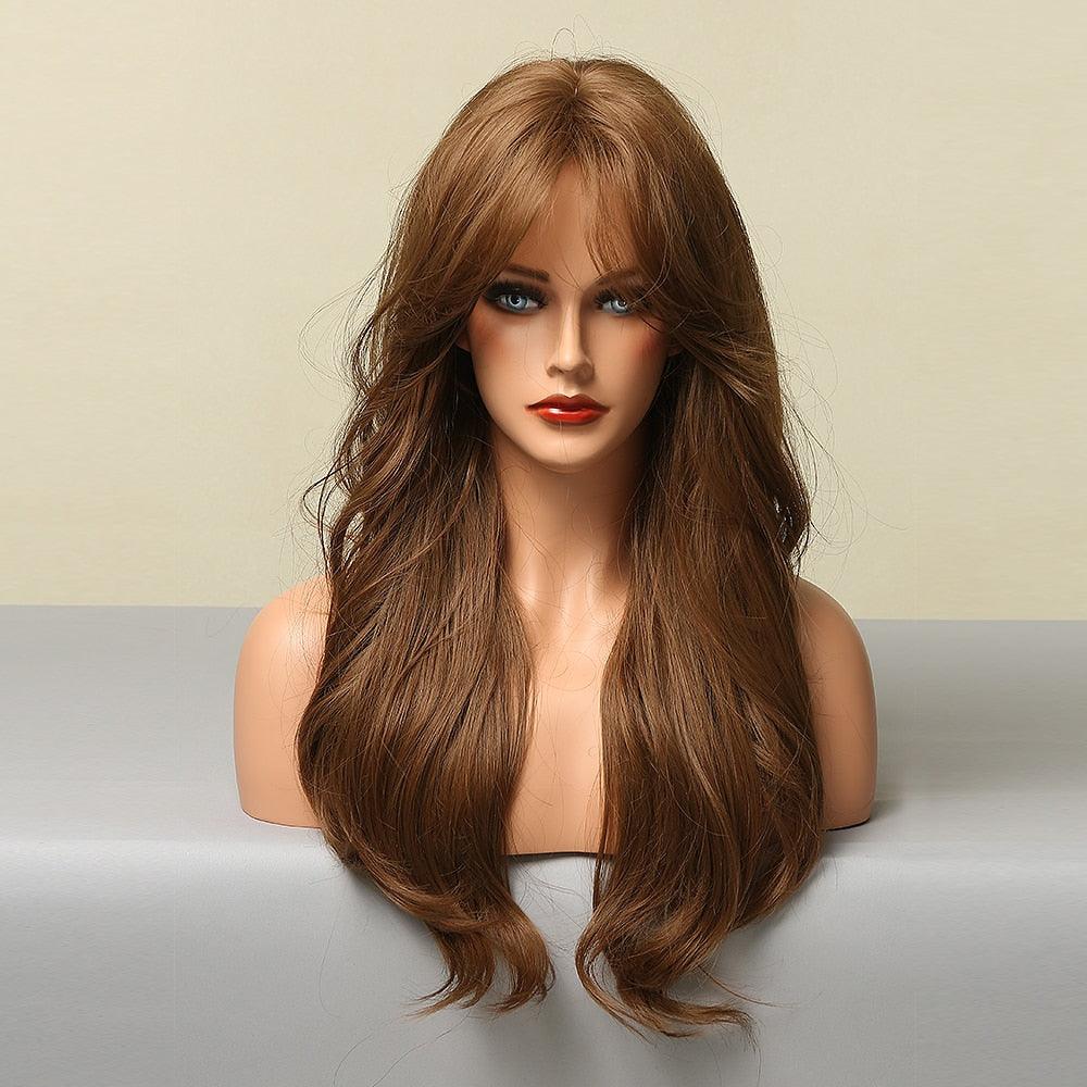 Long Honey Brown Synthetic Wigs with Side Bangs Natural Wave Wigs for Afro American Women Heat Resistant Cosplay Party Daily Use Wigs For Black Women Cosplay Wigs For Women