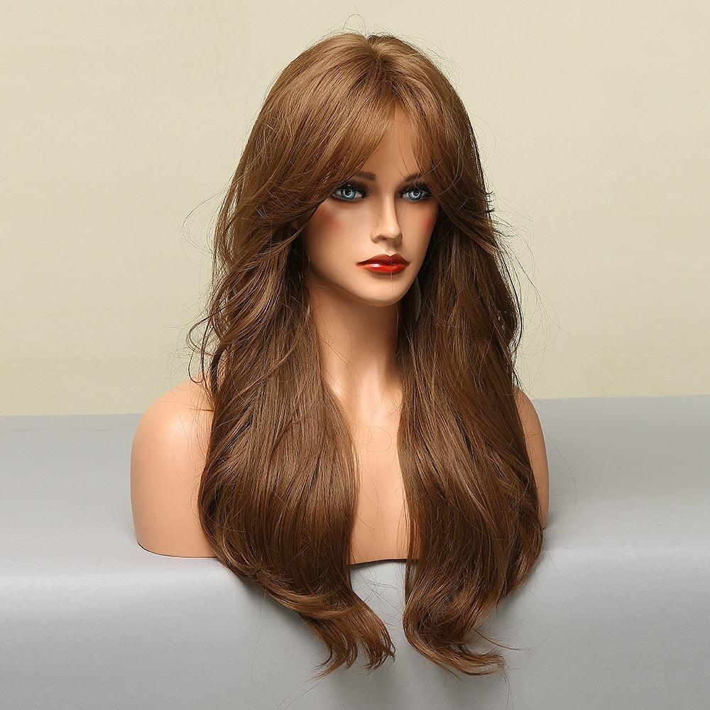 Long Honey Brown Synthetic Wigs with Side Bangs Natural Wave Wigs for Afro American Women Heat Resistant Cosplay Party Daily Use Wigs For Black Women Cosplay Wigs For Women