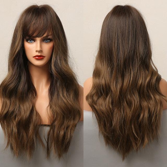 Long Honey Brown Synthetic Wigs with Side Bangs Natural Wave Wigs for Afro American Women Heat Resistant Cosplay Party Daily Use Wigs For Black Women Cosplay Wigs For Women