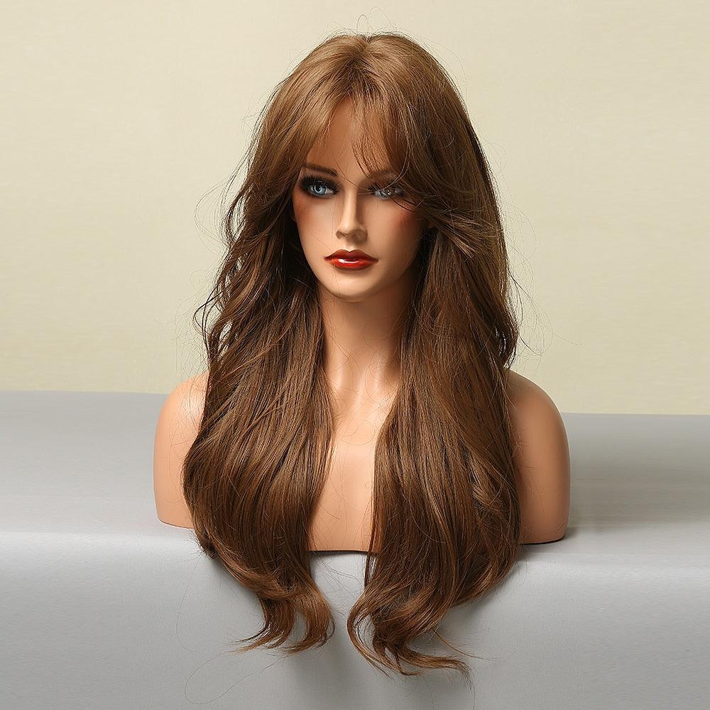 Long Honey Brown Synthetic Wigs with Side Bangs Natural Wave Wigs for Afro American Women Heat Resistant Cosplay Party Daily Use Wigs For Black Women Cosplay Wigs For Women