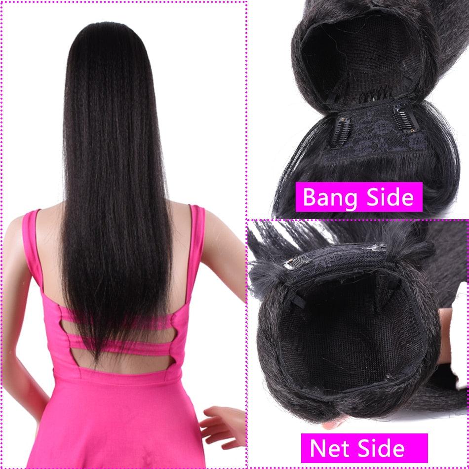 Long Kinky Straight Hair Ponytail With Bangs Fake Hair Bun And Bang Set Synthetic Pony Tail For Women Clip In Hair Extensions Synthetic Long Pony Tail Natural Black Comb In Ponytail Hair Pieces For Women