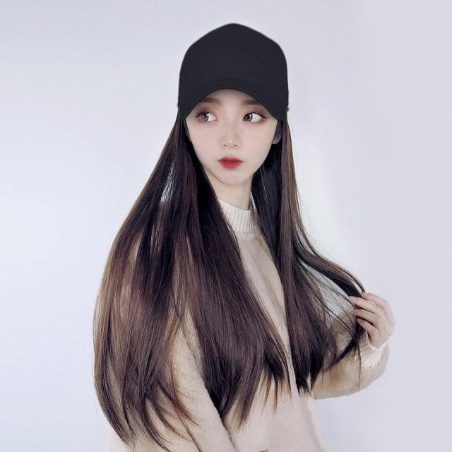 Long Straight Synthetic Baseball Cap Hair Wig Natural Black Brown Hat Wigs Natural Seamless Hair Extensions Wigs For Black Women Cosplay Wigs For Women