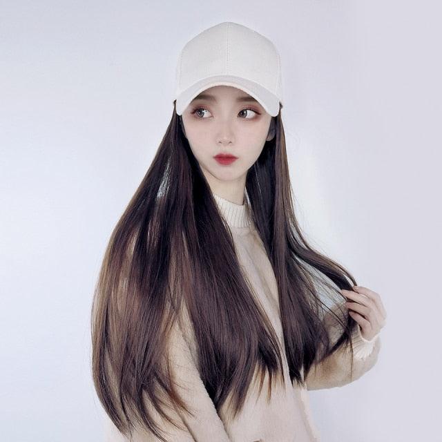 Long Straight Synthetic Baseball Cap Hair Wig Natural Black Brown Hat Wigs Natural Seamless Hair Extensions Wigs For Black Women Cosplay Wigs For Women