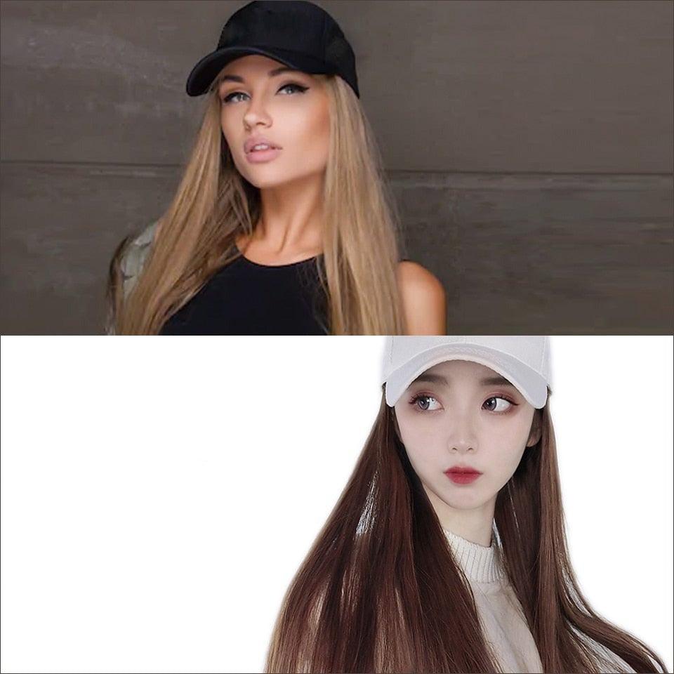 Long Straight Synthetic Baseball Cap Hair Wig Natural Black Brown Hat Wigs Natural Seamless Hair Extensions Wigs For Black Women Cosplay Wigs For Women