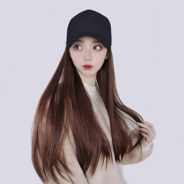 Long Straight Synthetic Baseball Cap Hair Wig Natural Black Brown Hat Wigs Natural Seamless Hair Extensions Wigs For Black Women Cosplay Wigs For Women