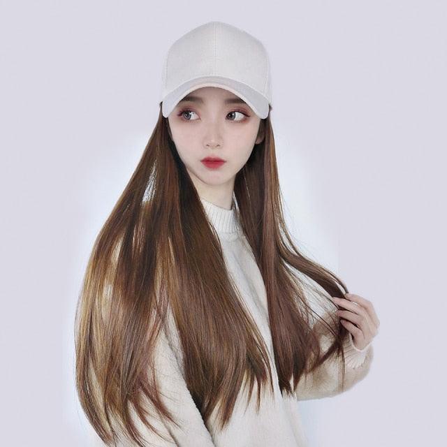 Long Straight Synthetic Baseball Cap Hair Wig Natural Black Brown Hat Wigs Natural Seamless Hair Extensions Wigs For Black Women Cosplay Wigs For Women