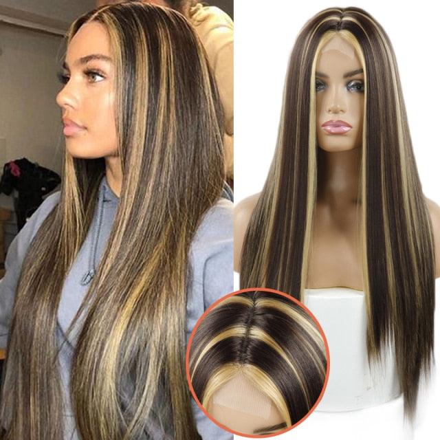 Long Straight Synthetic Black Wig Mixed Brown and Blonde Long Wig For Black Women Middle Part Nature Wigs For Black Women Cosplay Wigs For Women