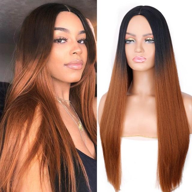 Long Straight Synthetic Black Wig Mixed Brown and Blonde Long Wig For Black Women Middle Part Nature Wigs For Black Women Cosplay Wigs For Women