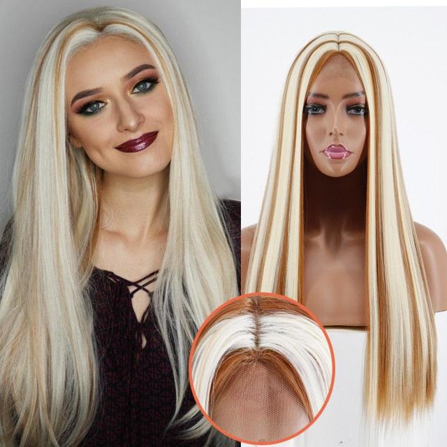 Long Straight Synthetic Black Wig Mixed Brown and Blonde Long Wig For Black Women Middle Part Nature Wigs For Black Women Cosplay Wigs For Women