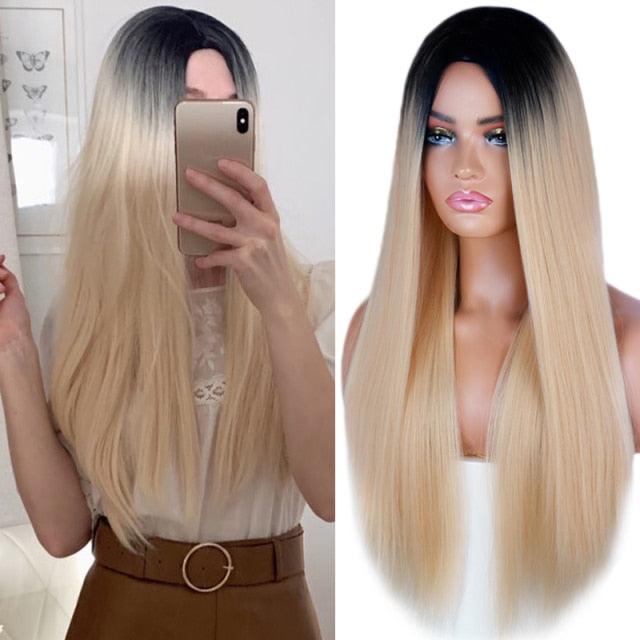 Long Straight Synthetic Black Wig Mixed Brown and Blonde Long Wig For Black Women Middle Part Nature Wigs For Black Women Cosplay Wigs For Women