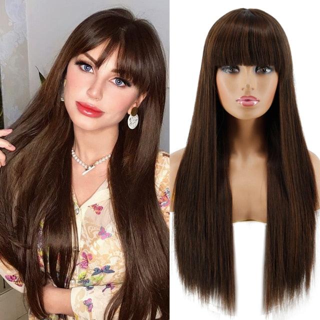 Long Straight Synthetic Black Wig Mixed Brown and Blonde Long Wig For Black Women Middle Part Nature Wigs For Black Women Cosplay Wigs For Women