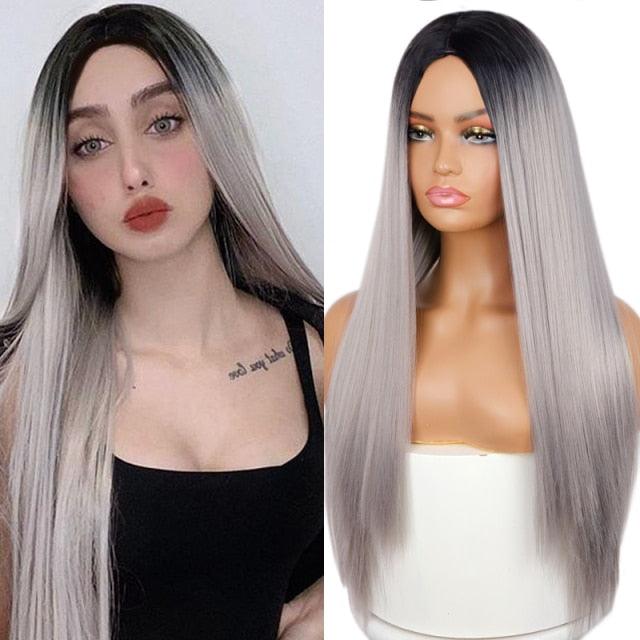 Long Straight Synthetic Black Wig Mixed Brown and Blonde Long Wig For Black Women Middle Part Nature Wigs For Black Women Cosplay Wigs For Women