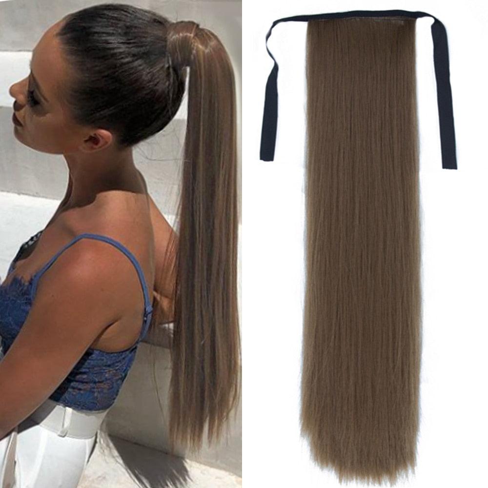 Long Straight Synthetic Hairpiece Ponytail Hair Natural Wrap Around Ponytail Chip in Hair Extensions Pony Tail Wig Synthetic Long Pony Tail Natural Black Comb In Ponytail Hair Pieces For Women