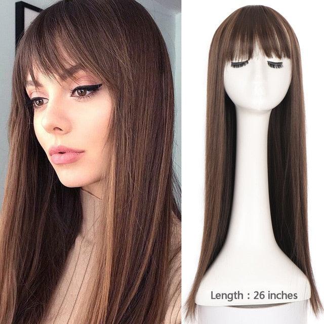 Long Straight With Bangs Synthetic Wigs For Black/White Women Natural Black Brown Gray Heat Resistant Fiber Hair Wigs For Black Women Cosplay Wigs For Women Gifts for Girlfriends