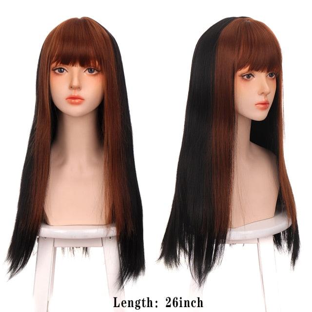 Long Straight With Bangs Synthetic Wigs For Black/White Women Natural Black Brown Gray Heat Resistant Fiber Hair Wigs For Black Women Cosplay Wigs For Women Gifts for Girlfriends