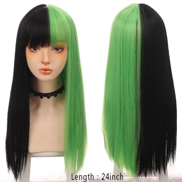 Long Straight With Bangs Synthetic Wigs For Black/White Women Natural Black Brown Gray Heat Resistant Fiber Hair Wigs For Black Women Cosplay Wigs For Women Gifts for Girlfriends