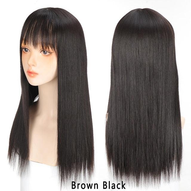 Long Straight With Bangs Synthetic Wigs For Black/White Women Natural Black Brown Gray Heat Resistant Fiber Hair Wigs For Black Women Cosplay Wigs For Women Gifts for Girlfriends