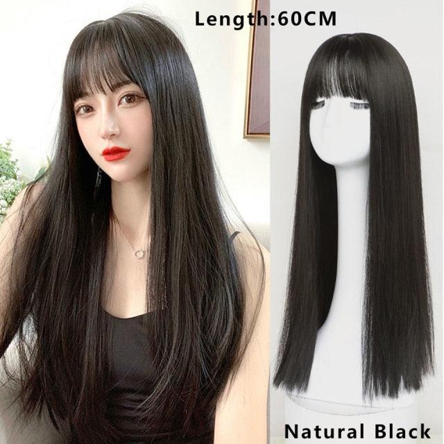 Long Straight With Bangs Synthetic Wigs For Black/White Women Natural Black Brown Gray Heat Resistant Fiber Hair Wigs For Black Women Cosplay Wigs For Women Gifts for Girlfriends