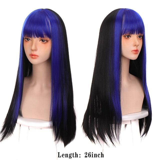 Long Straight With Bangs Synthetic Wigs For Black/White Women Natural Black Brown Gray Heat Resistant Fiber Hair Wigs For Black Women Cosplay Wigs For Women Gifts for Girlfriends